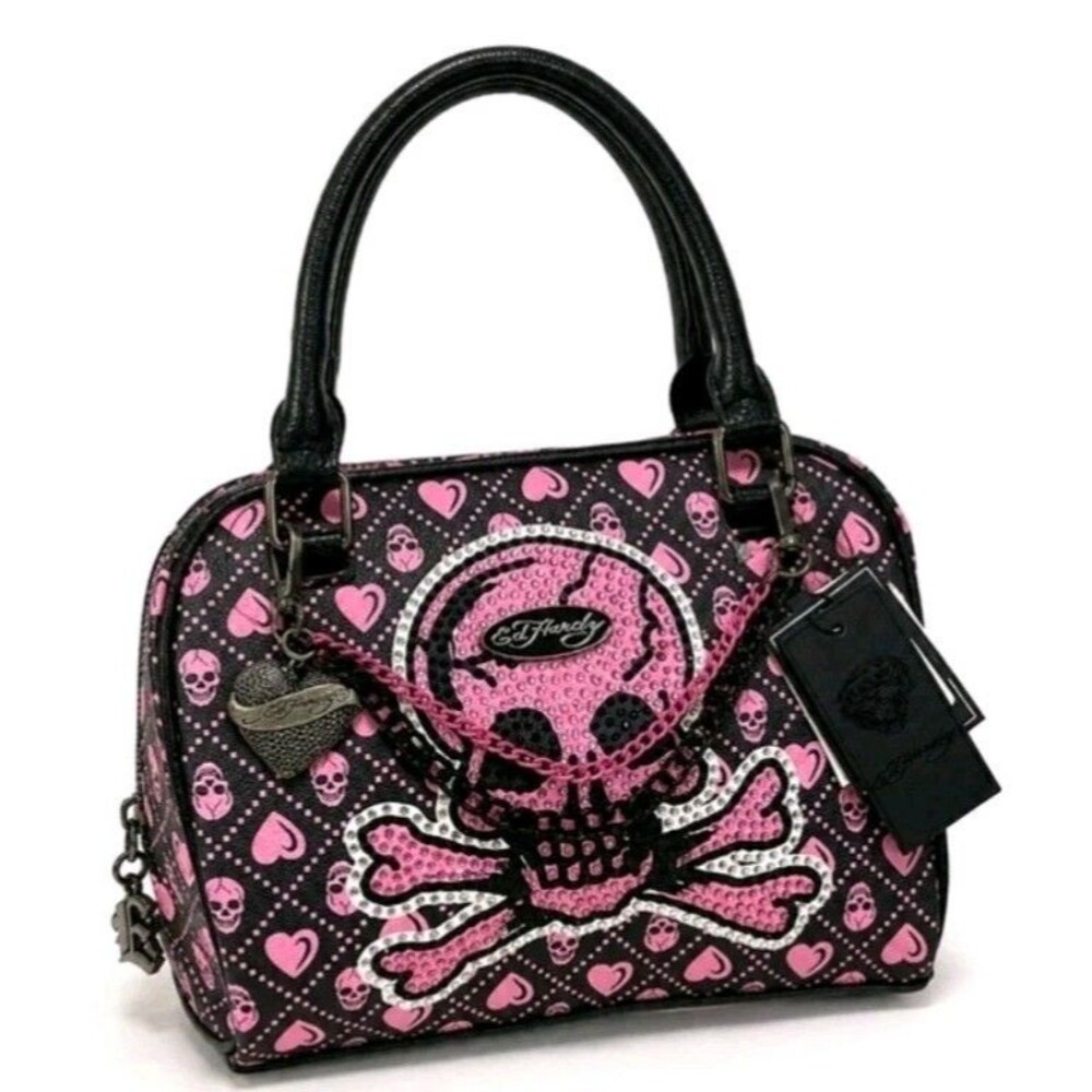 Ed Hardy Pink Skull Rhinestone Satchel Crossbody Bag